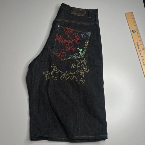 rocawear men’s denim shorts 38 raw black miami embroidered metallic thread y2k - Picture 1 of 11